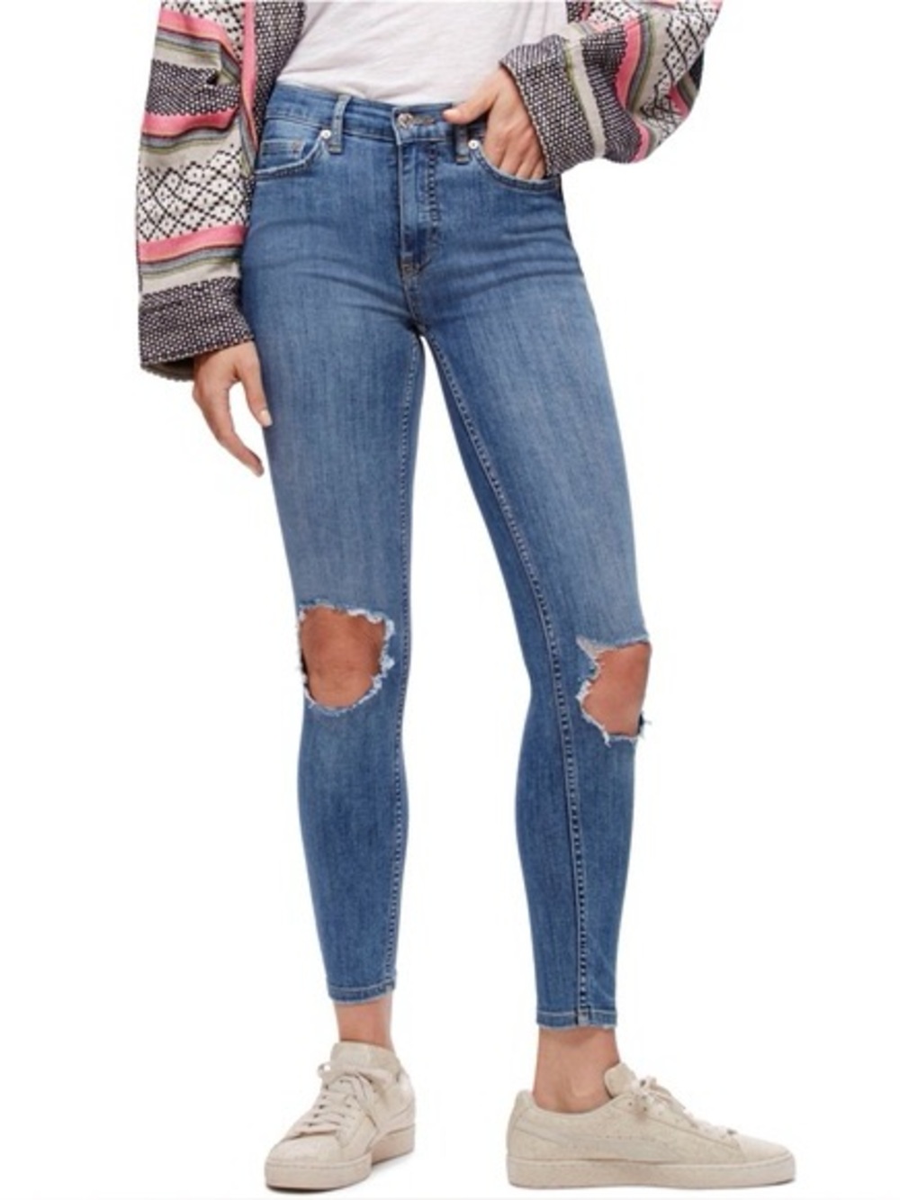Free People High Rise Skinny Ankle Length Jeans With Blown Out Knees Size 27R
